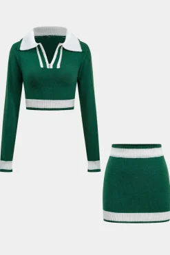 MICAS Knitwear|Knit Sets-Basic Knit Contrast Skirt Set DARK GREEN
