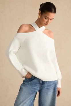 MICAS Knit Tops-Basic Knitted Cut Out Long-Sleeve Top WHITE
