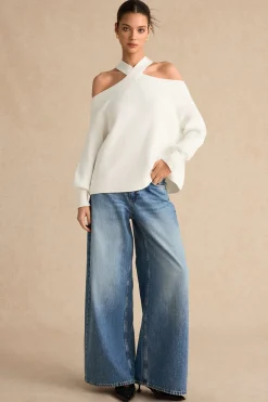 MICAS Knit Tops-Basic Knitted Cut Out Long-Sleeve Top WHITE