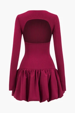 MICAS Mini Dresses|Long Sleeve Dresses-Basic Long Sleeve Cut Out Puff Hem Mini Dress BURGUNDY