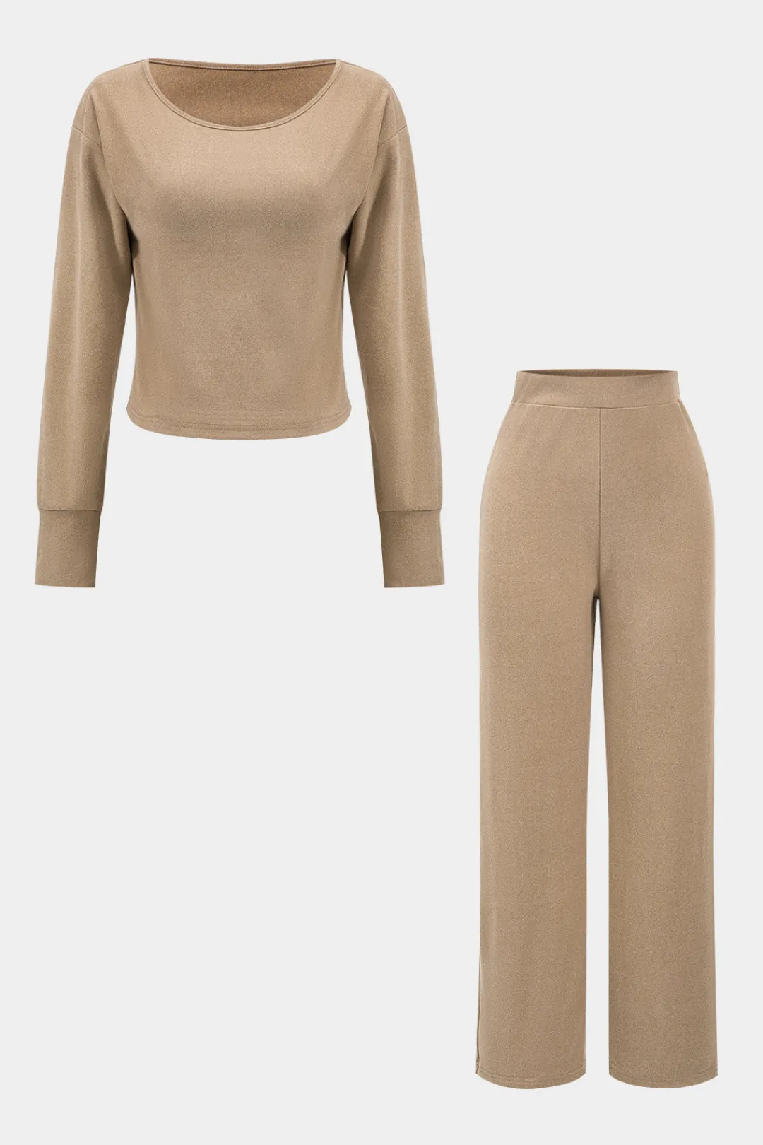 MICAS Pant Sets-Basic Long Sleeve Top And Trousers Set KHAKI