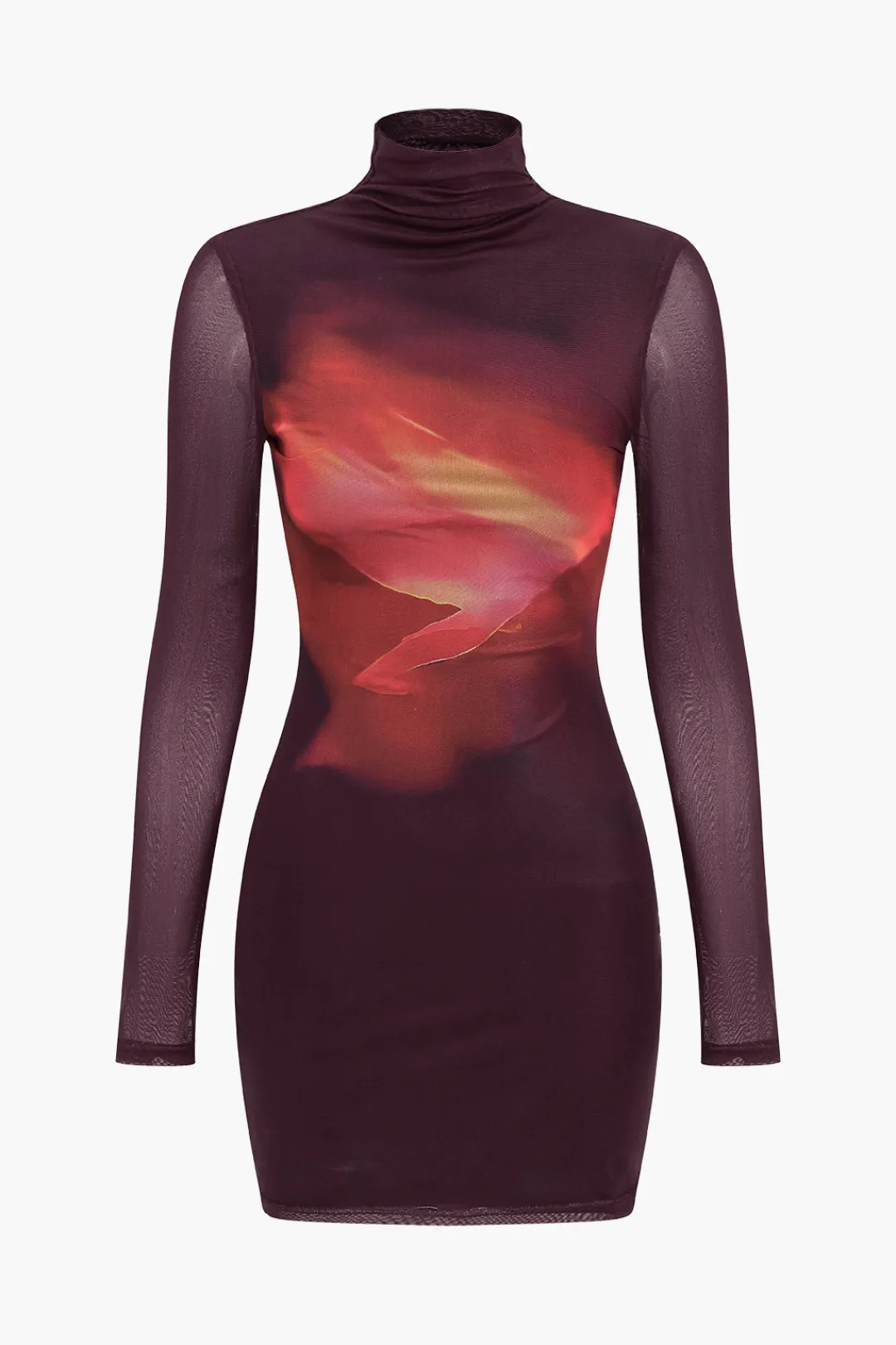 MICAS Long Sleeve Dresses|Mini Dresses-Basic Mesh Long Sleeve Mini Dress BURGUNDY