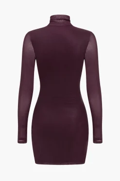 MICAS Long Sleeve Dresses|Mini Dresses-Basic Mesh Long Sleeve Mini Dress BURGUNDY