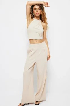 MICAS Pants-Basic Pleated Wide Leg Pants BEIGE