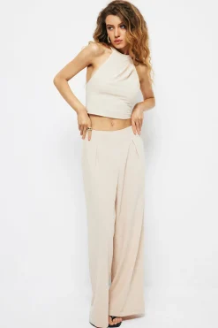 MICAS Pants-Basic Pleated Wide Leg Pants BEIGE