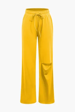 MICAS Pant Sets|Vacation Sets-Basic Round Neck Sleeveless Bodysuit And Ripped Drawstring Straight Leg Pants Set