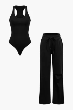 MICAS Pant Sets|Vacation Sets-Basic Round Neck Sleeveless Bodysuit And Ripped Drawstring Straight Leg Pants Set