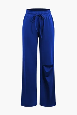 MICAS Pant Sets|Vacation Sets-Basic Round Neck Sleeveless Bodysuit And Ripped Drawstring Straight Leg Pants Set