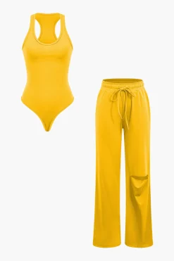 MICAS Pant Sets|Vacation Sets-Basic Round Neck Sleeveless Bodysuit And Ripped Drawstring Straight Leg Pants Set