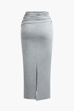 MICAS Skirt Sets|Vacation Sets-Basic Ruched Sleeveless Top And Slit Maxi Skirt Set LIGHT GRAY