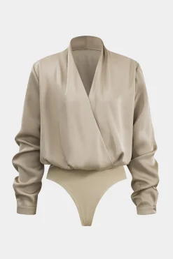 MICAS Bodysuits-Basic Satin Long Sleeve Bodysuit BEIGE