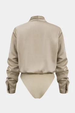 MICAS Bodysuits-Basic Satin Long Sleeve Bodysuit BEIGE