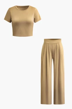MICAS Pant Sets-Basic Solid Crop T-shirt And Pleated High Waist Wide Leg Pants Set