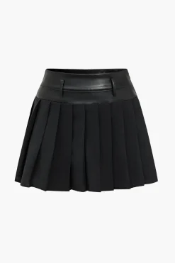 MICAS Skirts-Basic Solid Faux Leather Pleated Mini Skirt BLACK