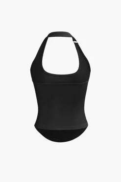 MICAS Tank Tops & Cami-Basic Solid Halter Curved Hem Tank Top