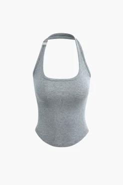 MICAS Tank Tops & Cami-Basic Solid Halter Curved Hem Tank Top