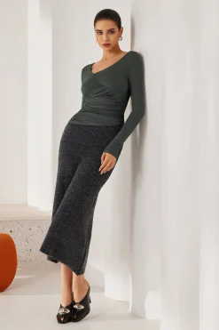 MICAS Skirts-Basic Solid High-Waisted Mermaid Sweater Skirt GRAY