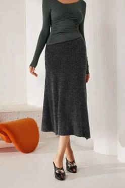 MICAS Skirts-Basic Solid High-Waisted Mermaid Sweater Skirt GRAY