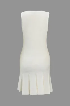 MICAS Knit Dresses-Basic Solid Knit Button Decoration Pleated Dress WHITE