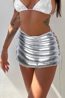 MICAS Skirts-Basic Solid Lace-Up Mini Skirt SILVER