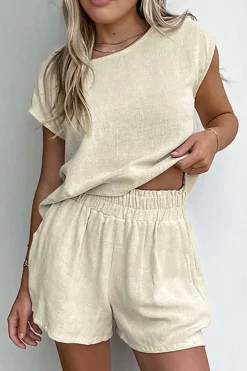 MICAS Short Sets-Basic Solid Linen Casual Shorts Set BEIGE