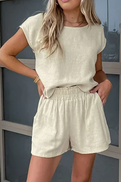 MICAS Short Sets-Basic Solid Linen Casual Shorts Set BEIGE