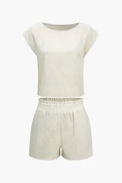 MICAS Short Sets-Basic Solid Linen Casual Shorts Set BEIGE