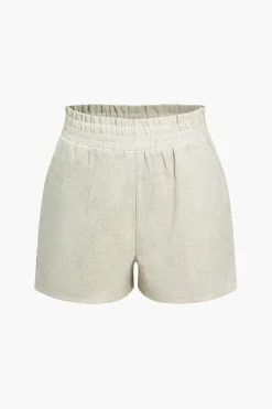 MICAS Short Sets-Basic Solid Linen Casual Shorts Set BEIGE