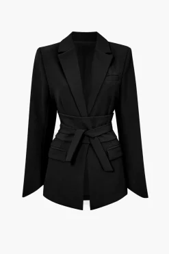 MICAS Outerwear|Blazers-Basic Solid Notched Lapel Belted Blazer