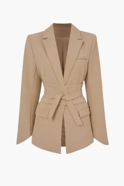 MICAS Outerwear|Blazers-Basic Solid Notched Lapel Belted Blazer