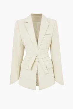 MICAS Outerwear|Blazers-Basic Solid Notched Lapel Belted Blazer