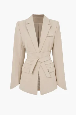 MICAS Outerwear|Blazers-Basic Solid Notched Lapel Belted Blazer