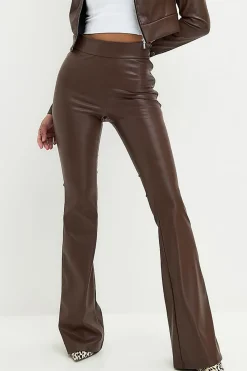 MICAS Pants-Basic Solid Pu Leather High-Waisted Flared Trousers