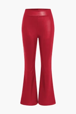 MICAS Pants-Basic Solid Pu Leather High-Waisted Flared Trousers