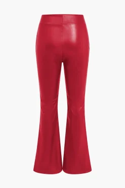 MICAS Pants-Basic Solid Pu Leather High-Waisted Flared Trousers
