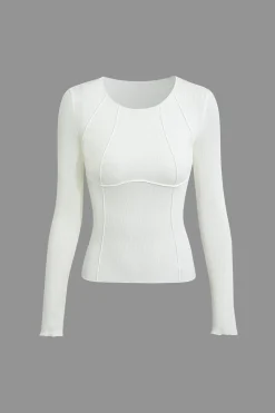 MICAS Long Sleeve Tops|Long Sleeves Tops-Basic Solid Round Neck Ribbed Long-Sleeve Top