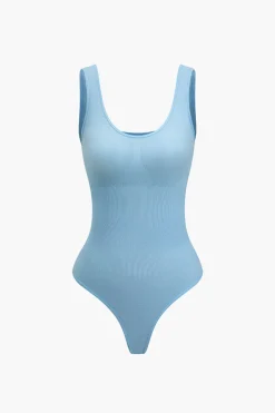 MICAS Bodysuits-Basic Solid Round Neck Sleeveless Bodysuit