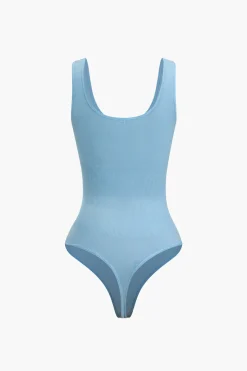 MICAS Bodysuits-Basic Solid Round Neck Sleeveless Bodysuit