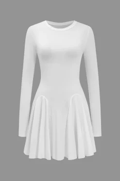 MICAS Mini Dresses|Long Sleeve Dresses-Basic Solid Ruffled Hem Long-Sleeve Mini Dress WHITE