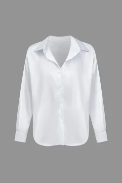 MICAS Long Sleeve Tops|Long Sleeves Tops-Basic Solid Satin Long-Sleeve Shirt