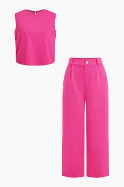 MICAS Pant Sets|Vacation Sets-Basic Solid Sleeveless Top And Straight Leg Pants Set