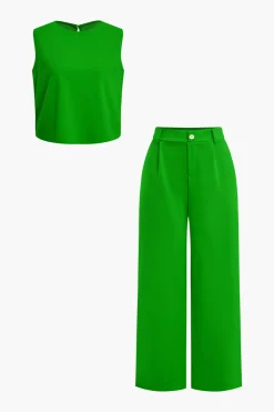 MICAS Pant Sets|Vacation Sets-Basic Solid Sleeveless Top And Straight Leg Pants Set