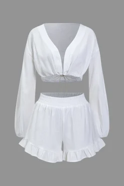 MICAS Short Sets-Basic Solid V-Neck Puff Sleeve Crop Top Two-Piece Set WHITE
