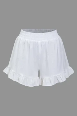 MICAS Short Sets-Basic Solid V-Neck Puff Sleeve Crop Top Two-Piece Set WHITE