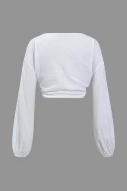 MICAS Short Sets-Basic Solid V-Neck Puff Sleeve Crop Top Two-Piece Set WHITE