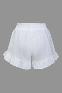 MICAS Short Sets-Basic Solid V-Neck Puff Sleeve Crop Top Two-Piece Set WHITE