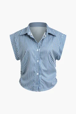MICAS Blouses & Shirts-Basic Stripe Print Cap Sleeve Button Shirt BLUE