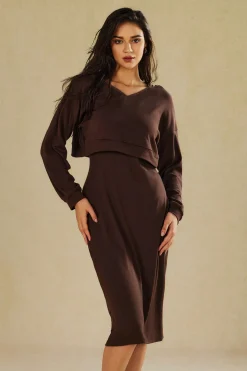 MICAS Skirt Sets-Basic V-neck Sleeveless Maxi Dress And Hooded Crop Sweatshirt Set