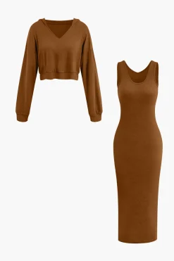 MICAS Skirt Sets-Basic V-neck Sleeveless Maxi Dress And Hooded Crop Sweatshirt Set