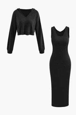 MICAS Skirt Sets-Basic V-neck Sleeveless Maxi Dress And Hooded Crop Sweatshirt Set